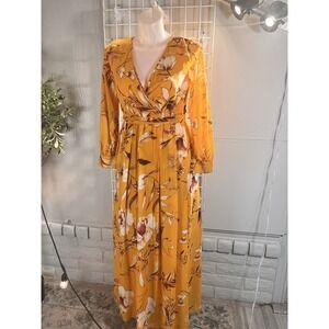 Womens RicaRica Yellow Floral Maxi Dress  Small Sheer Sleeves Lined Tall Large